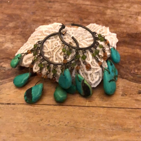 Genuine Turquoise nugget chandelier earrings with peridot & amber beads - Picture 1 of 4